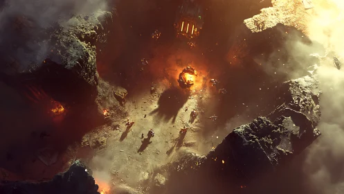 Battle-scarred canyon burns under harsh alien sunlight