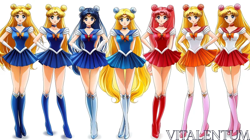 Colorful anime sailor heroines stand in bold formation