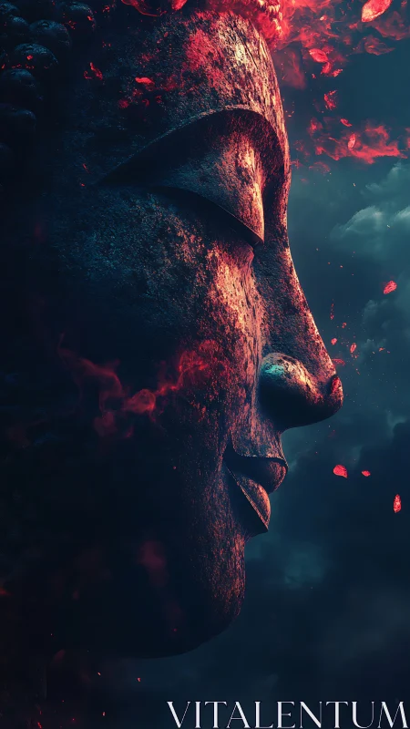 Buddha stone profile with molten ember fragments in stormy dusk.