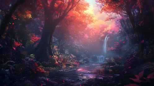 Luminous Forest Waterfall at Enchanted Dusk.