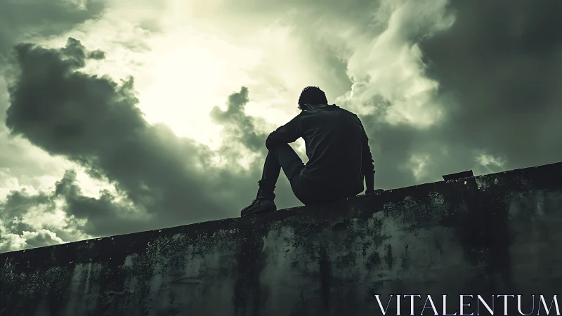 Silhouette figure sits on rooftop edge under dense storm clouds