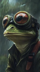Rain-soaked explorer frog in brass goggles and jungle coat.