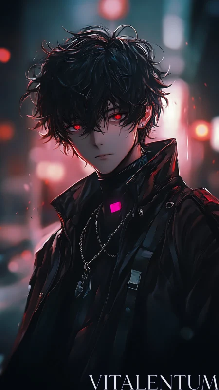 Dark-haired figure with red eyes in neon-lit urban setting.