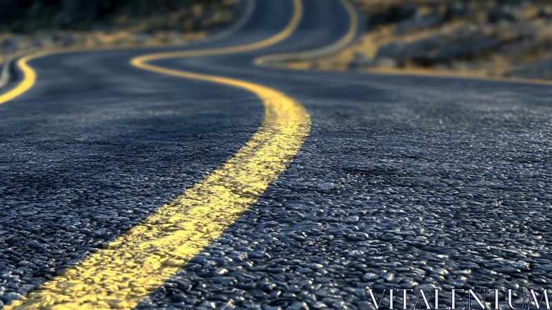 Curving asphalt road glows with golden painted centerline.
