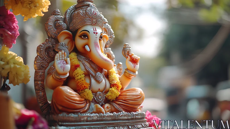 Ganesh idol with garlands in sunlit outdoor shrine.
