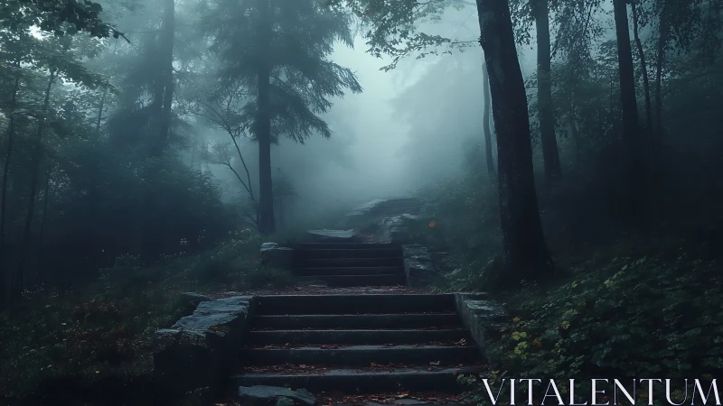 Misty Forest Stairway Guiding Wanderers Into Quiet Mystery.