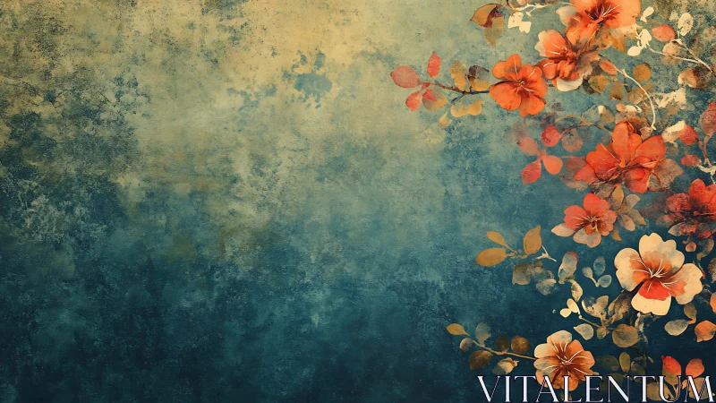 Vintage Floral Composition With Weathered Teal and Gold Abstraction