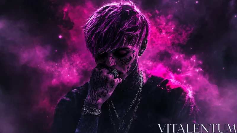 Tattooed figure in neon pink cosmic smoke portrait.