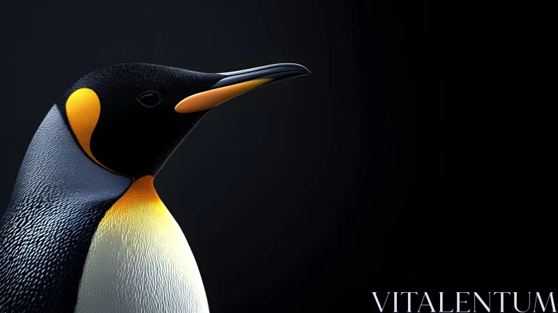 Majestic King Penguin Portrait on Black Background, Photorealistic Style.