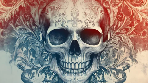 Ornate skull illustration with swirling floral filigree.