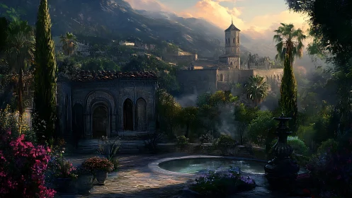 Sunlit monastery tower rises above a misty garden valley.