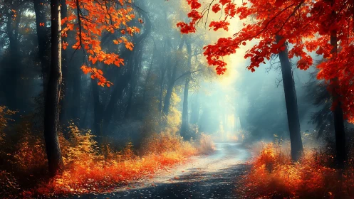 Luminous Autumn Forest Path Through Golden Light.