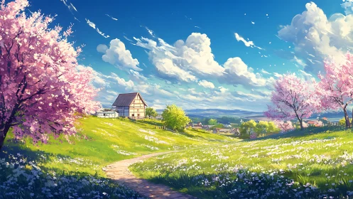 Spring hillside cottage under bright blue country sky.