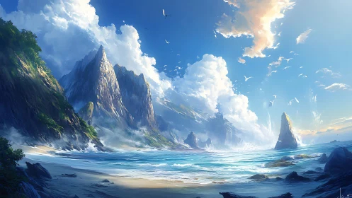 Towering Coastal Basalt Formations with Cumulus Cloudscape.