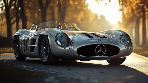 Silver classic Mercedes racer under golden sunrise glow.