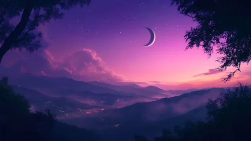 Crescent moon over misty violet mountains in digital dusk