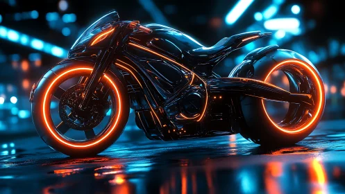Cybernetic neon sport motorcycle with glowing orange light rings