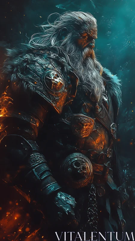 Elder warrior in ember‑lit armor stands in cinematic side profile