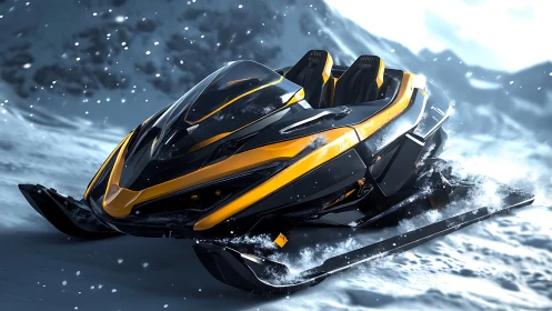 Futuristic yellow snowmobile racing across snowy terrain.