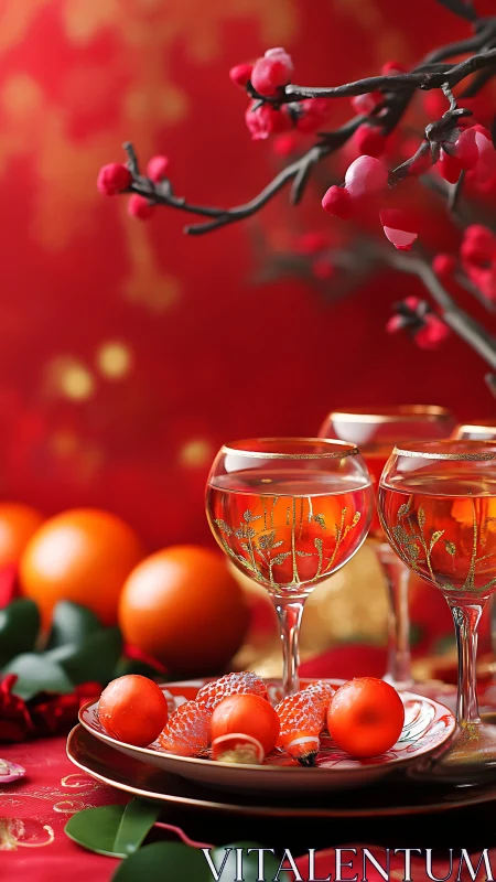 Citrus toasts shimmer beneath plum blossoms on crimson silk