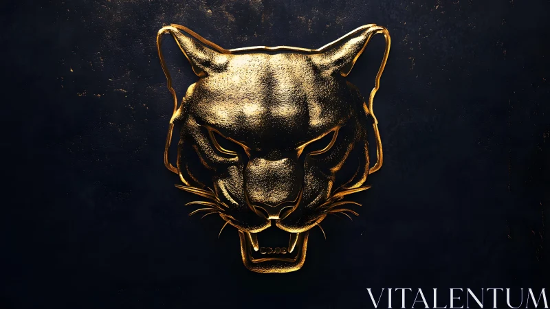 Golden Panther Head Sculpture on Dark Textured Background.