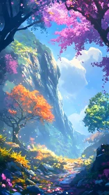 Colorful forest valley path passes below bright rocky cliffs