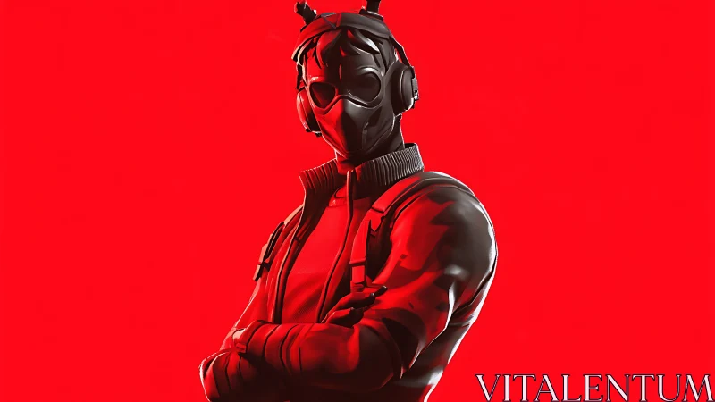 Bold masked gamer hero stands confident in vivid red light