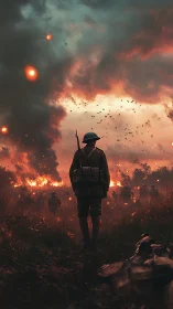 Solitary infantry figure observes advancing troops and fire