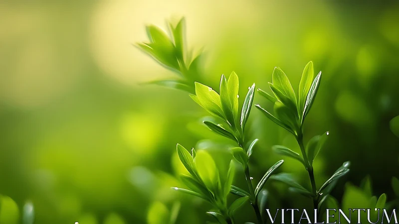 Sunlit green leaves with dewdrops in dreamy soft focus.