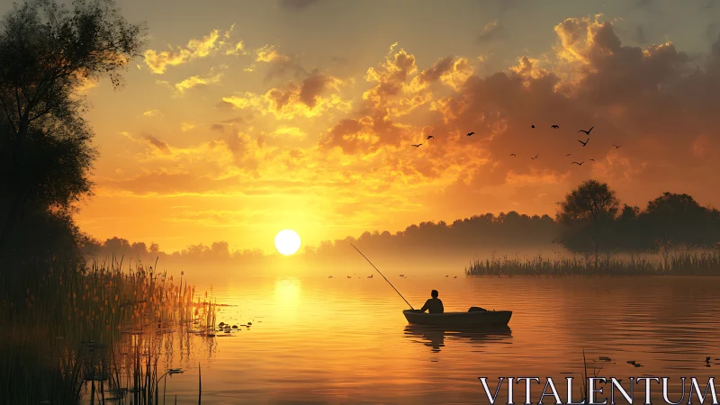 Golden sunrise embraces a peaceful fisherman on calm lake waters