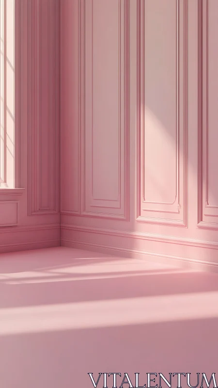 Soft pink neoclassical room with elongated wall shadows.