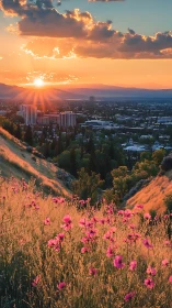 Sunlit urban valley framed by wildflowers under stratified sunset