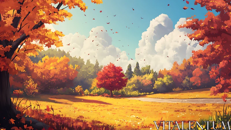 Autumn meadow landscape with trees under clear blue sky.