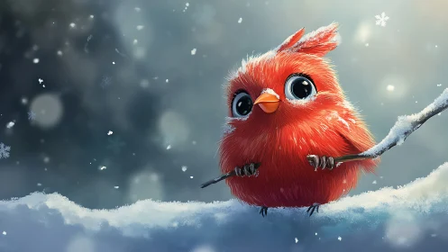Cute Red Cartoon Bird Perched on Snowy Branch in Winter Scene.