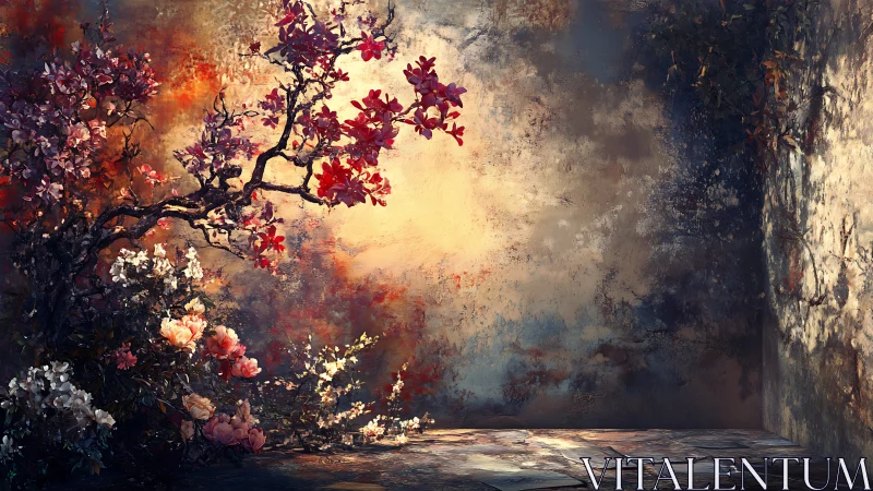 Flowering Tree in Decayed Room Glowing Light