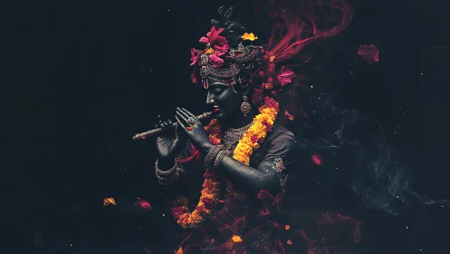 Divine flute player emerges from swirling smoke and petals