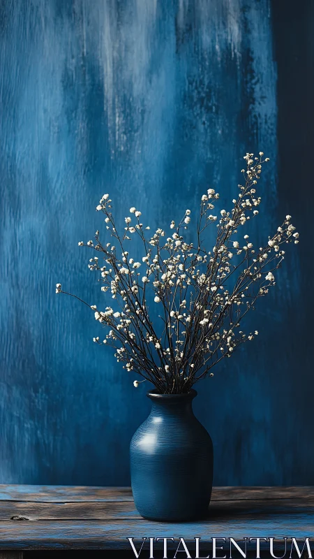 Matte blue ceramic vase holds dried white florals against textured wall