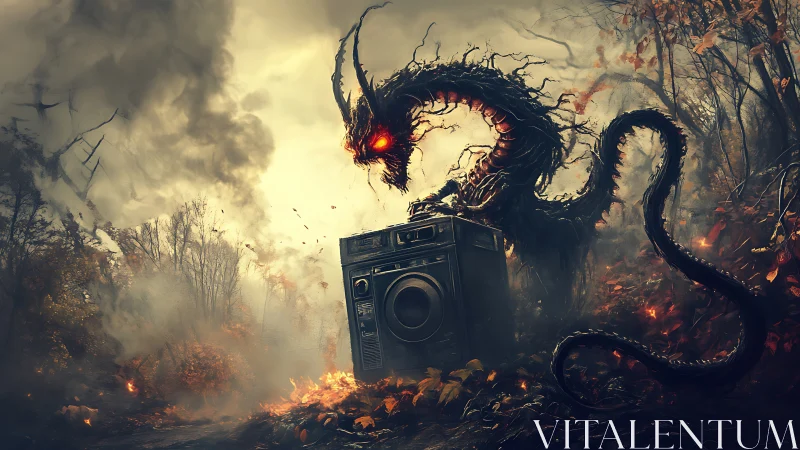 Hellfire laundry wyrm coils around abandoned washing machine.