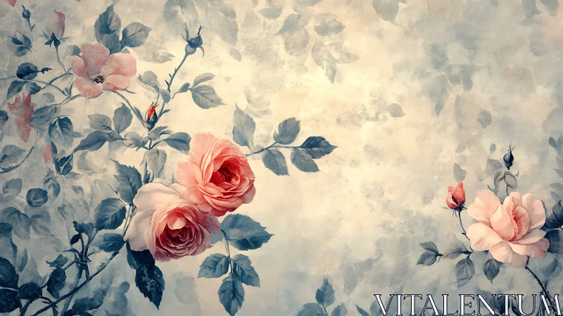 Vintage Rose Garden in Muted Tones. Soft Blooms with Weathered Leaves.
