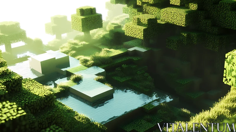 Sunlit voxel forest with reflective water pool scene.