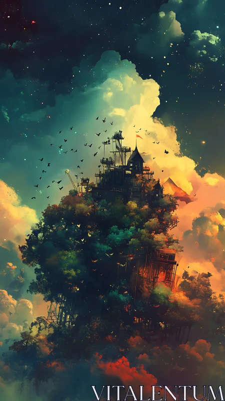 Floating forest citadel drifts through luminous cosmic clouds.