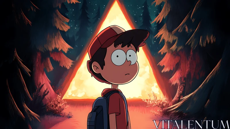 Lost cartoon boy before glowing forest triangle portal.