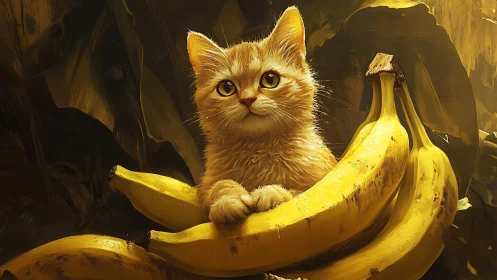 Feline Creature Clutches Golden Bananas in Warm Chiaroscuro Setting
