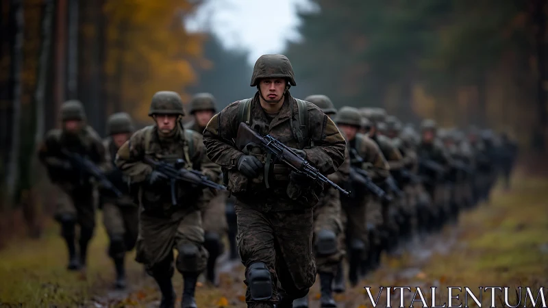 Infantry unit advances through misty autumn forest trail.