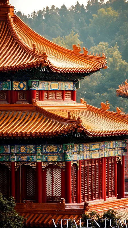 Tiered Chinese pavilion roof detailing with ornate polychrome brackets