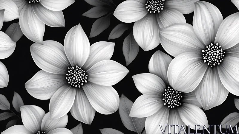 Monochrome Petals Dance: Blooms Against Black Void.