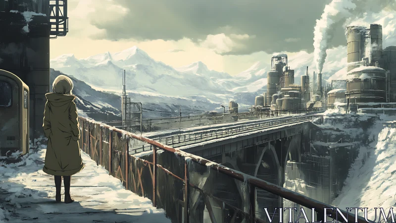 Snowbound rail bridge overlooking industrial refinery complex