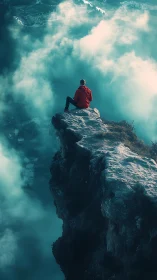 Cinematic digital painting of lone hiker on misty cliff edge.