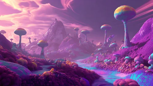 Vibrant alien valley filled with glowing mushroom towers.
