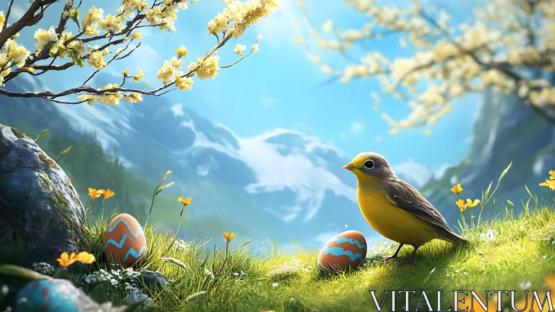 Yellow songbird and painted eggs on bright spring meadow.